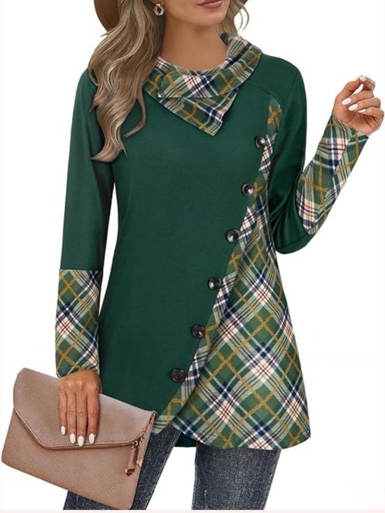 Cestyle Tops - Cestyle Plaid-Accent Dark Green Asymmetrical Hem Long Sleeve Tunic Top Sz L, NWT